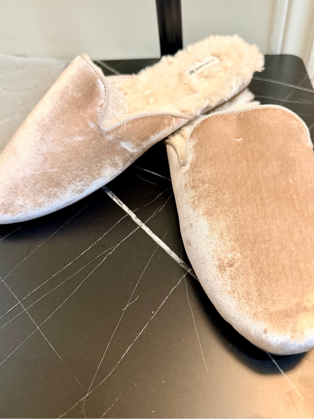 Birdies The Phoebe Beige Velvet Faux Fur Lined Mule Slides Women Size 9.5